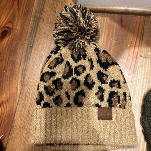 C.C Leopard Patterned Knit Beanie with Pom Pom